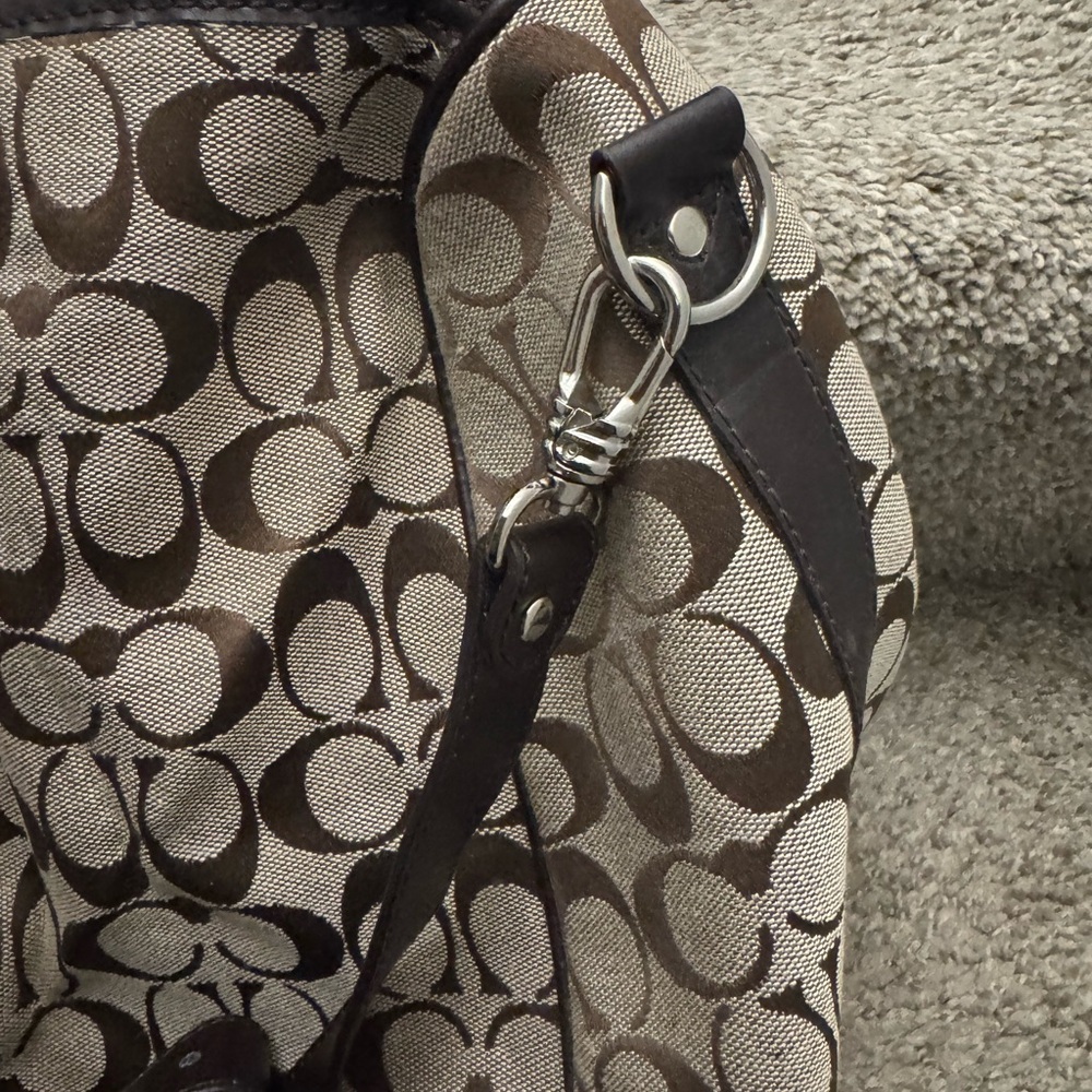 Coach duffle bag khaki/brown w/strap slight wear/tear. - Picture 6 of 14